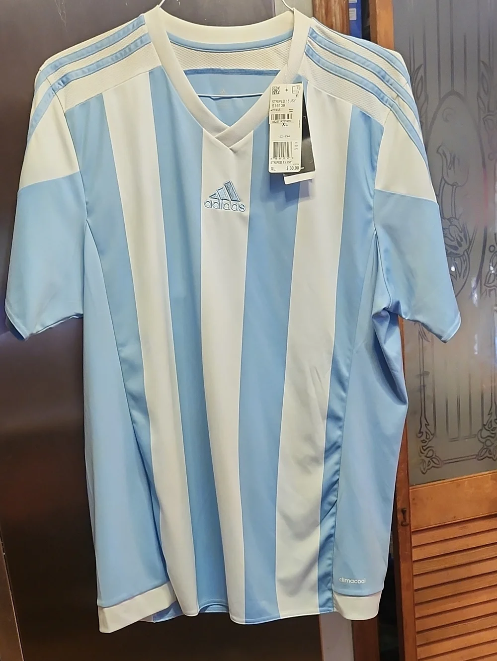 adidas Men’s Light Blue & White Vertical Stripe Soccer Jersey